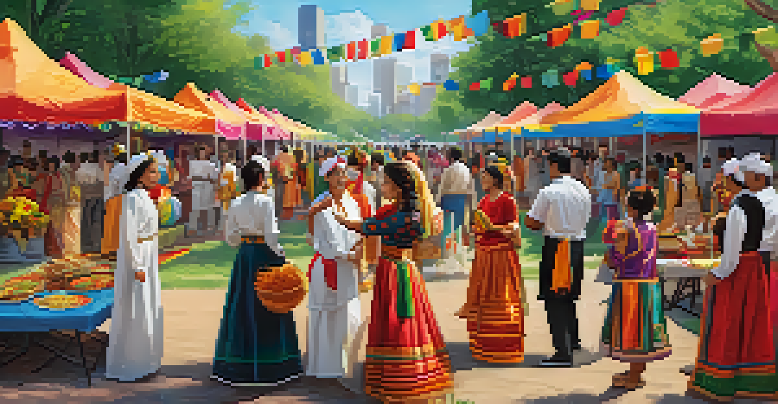 A cultural music festival in a park with diverse groups sharing traditional music and attire, surrounded by festive decorations.