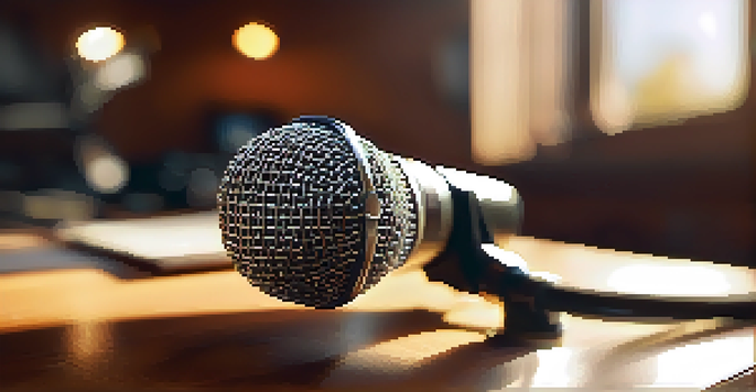 A close-up view of a dynamic microphone on a wooden desk in a recording studio, illuminated by warm sunlight.