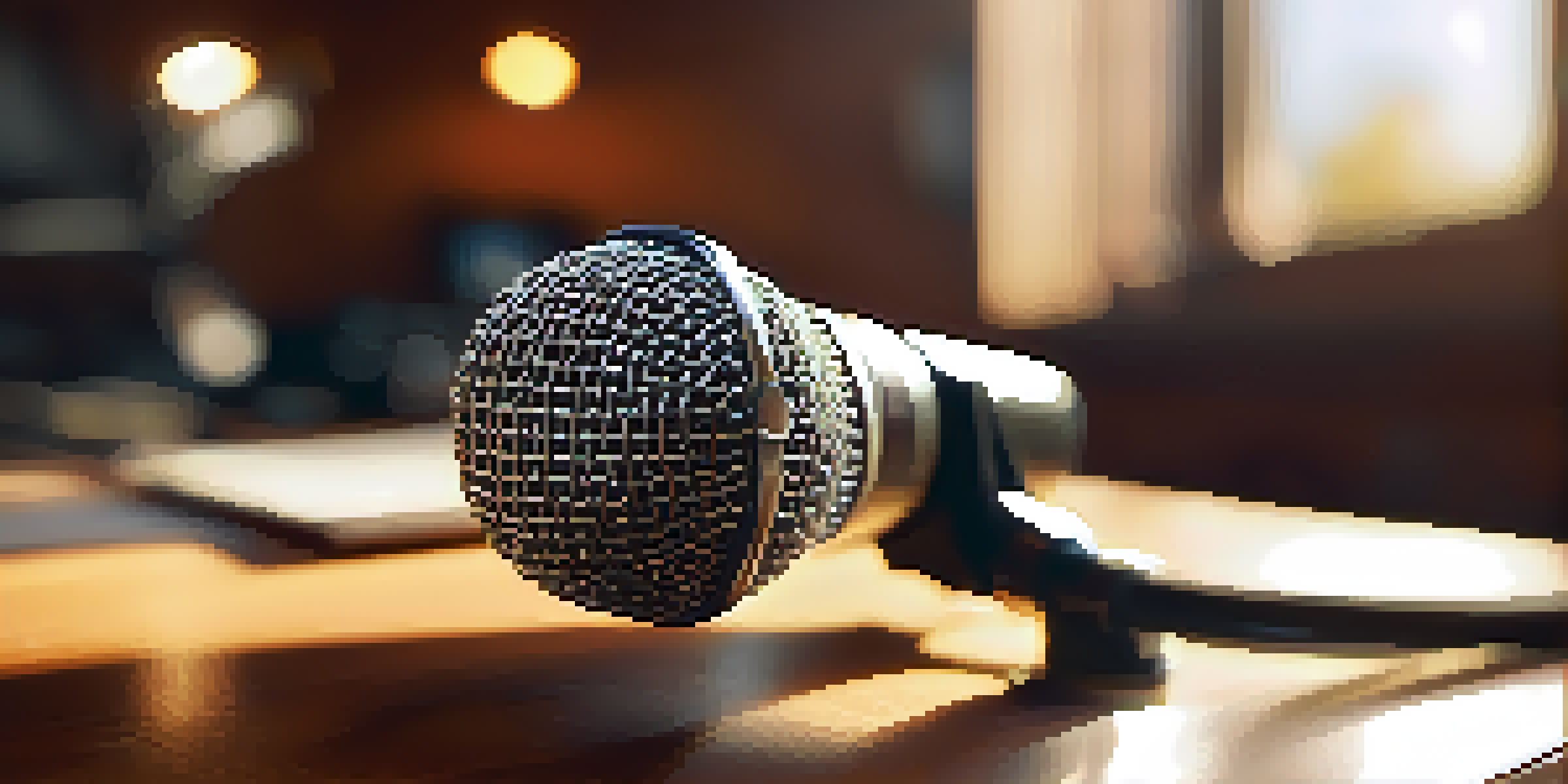 A close-up view of a dynamic microphone on a wooden desk in a recording studio, illuminated by warm sunlight.