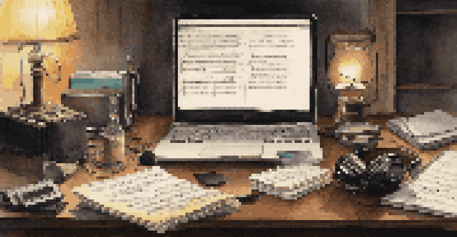 A cluttered artist's desk featuring music transcription tools, a laptop, and a cup of coffee illuminated by a desk lamp.