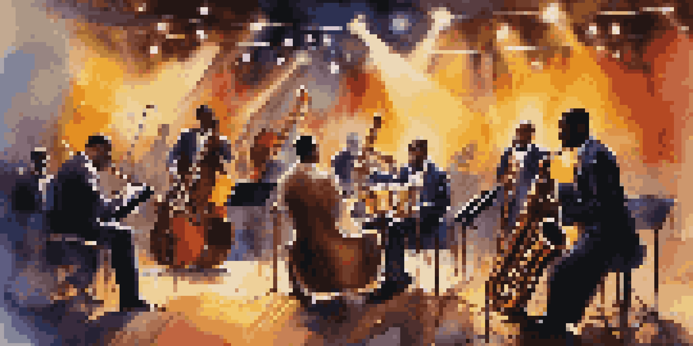 A lively jazz band performing on stage, with a saxophonist in a stylish suit and colorful lights illuminating the scene.