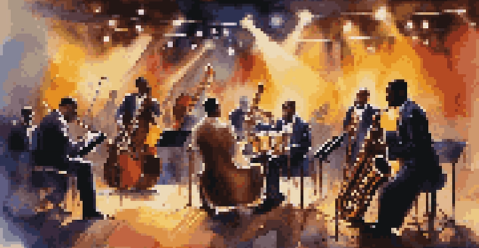A lively jazz band performing on stage, with a saxophonist in a stylish suit and colorful lights illuminating the scene.