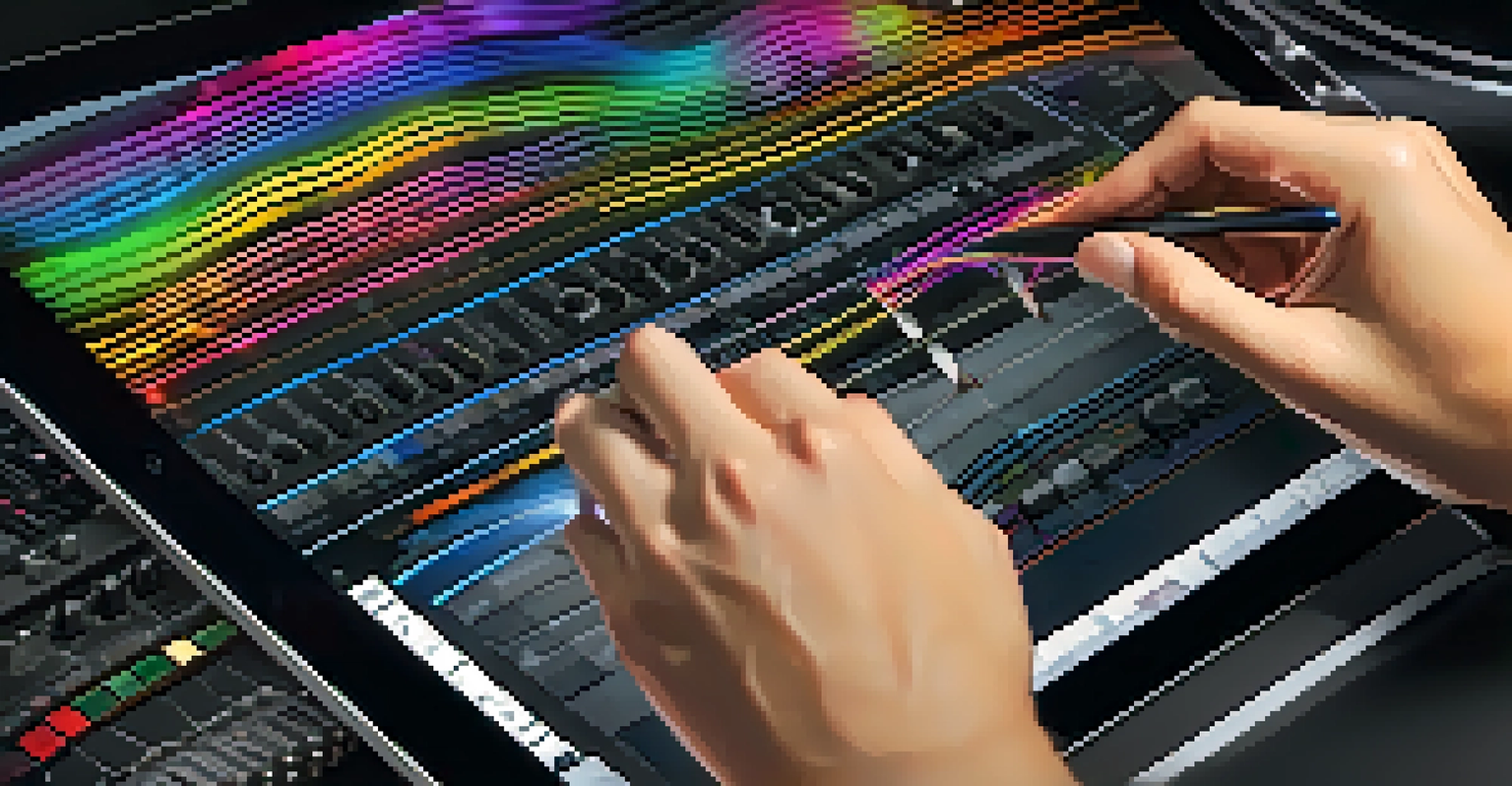 Close-up of hands using a tablet with a digital audio workstation, surrounded by blurred musical instruments.