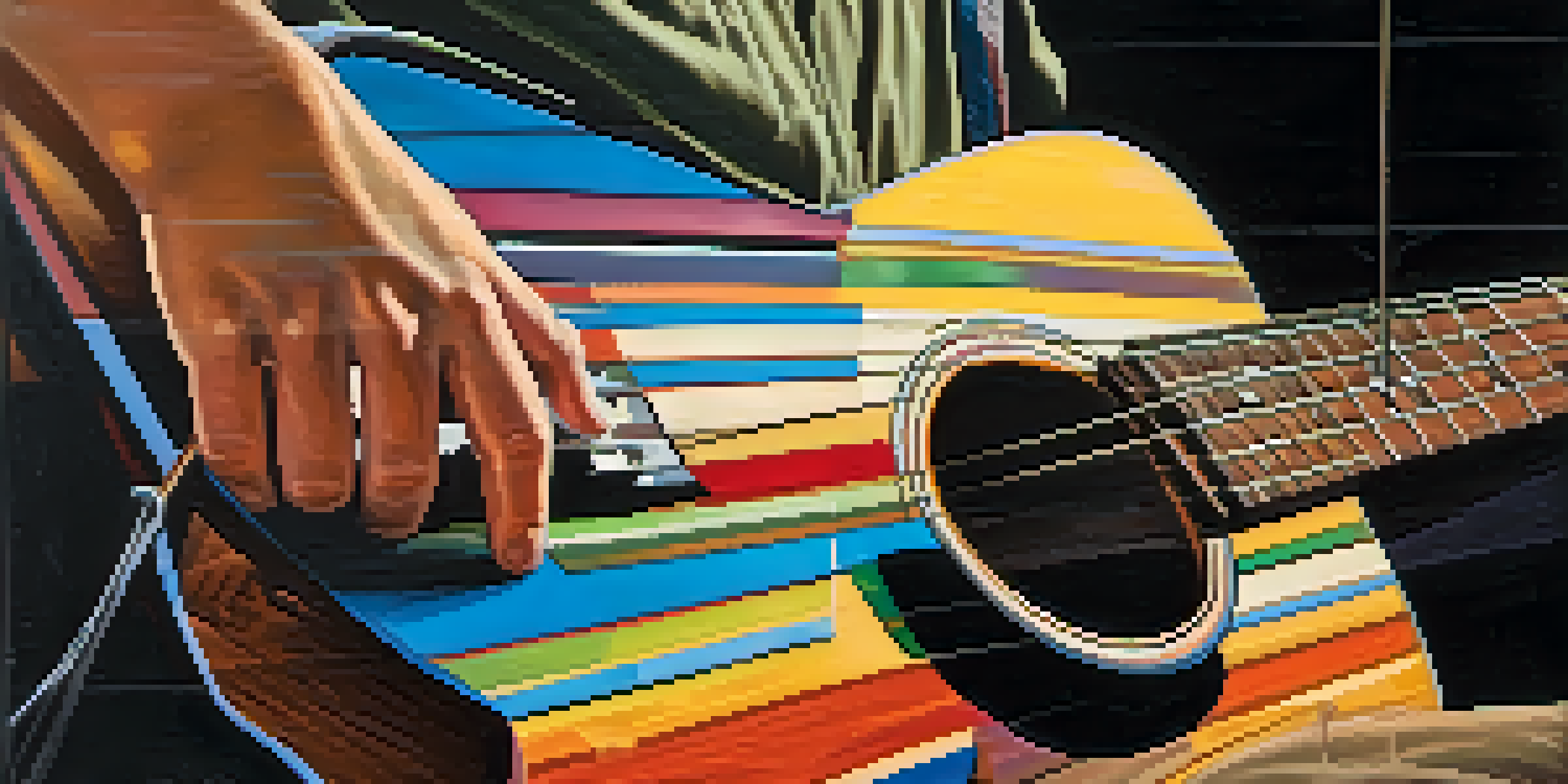 A close-up of a musician's hands playing a guitar, with colorful chord diagrams on a music stand.