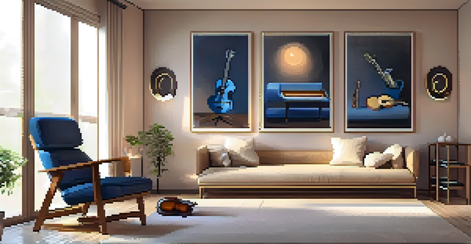 A tranquil therapy room with soft lighting, a comfortable chair, soothing artwork, and musical instruments.