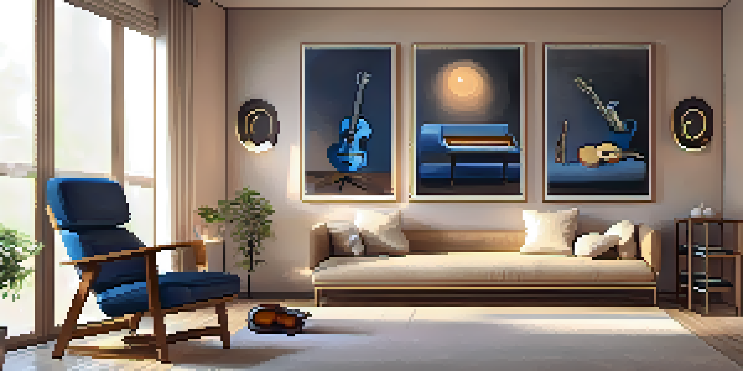 A tranquil therapy room with soft lighting, a comfortable chair, soothing artwork, and musical instruments.