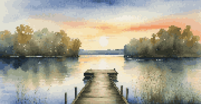 A peaceful lake scene with trees, a dock, and a sunset reflecting on the water.