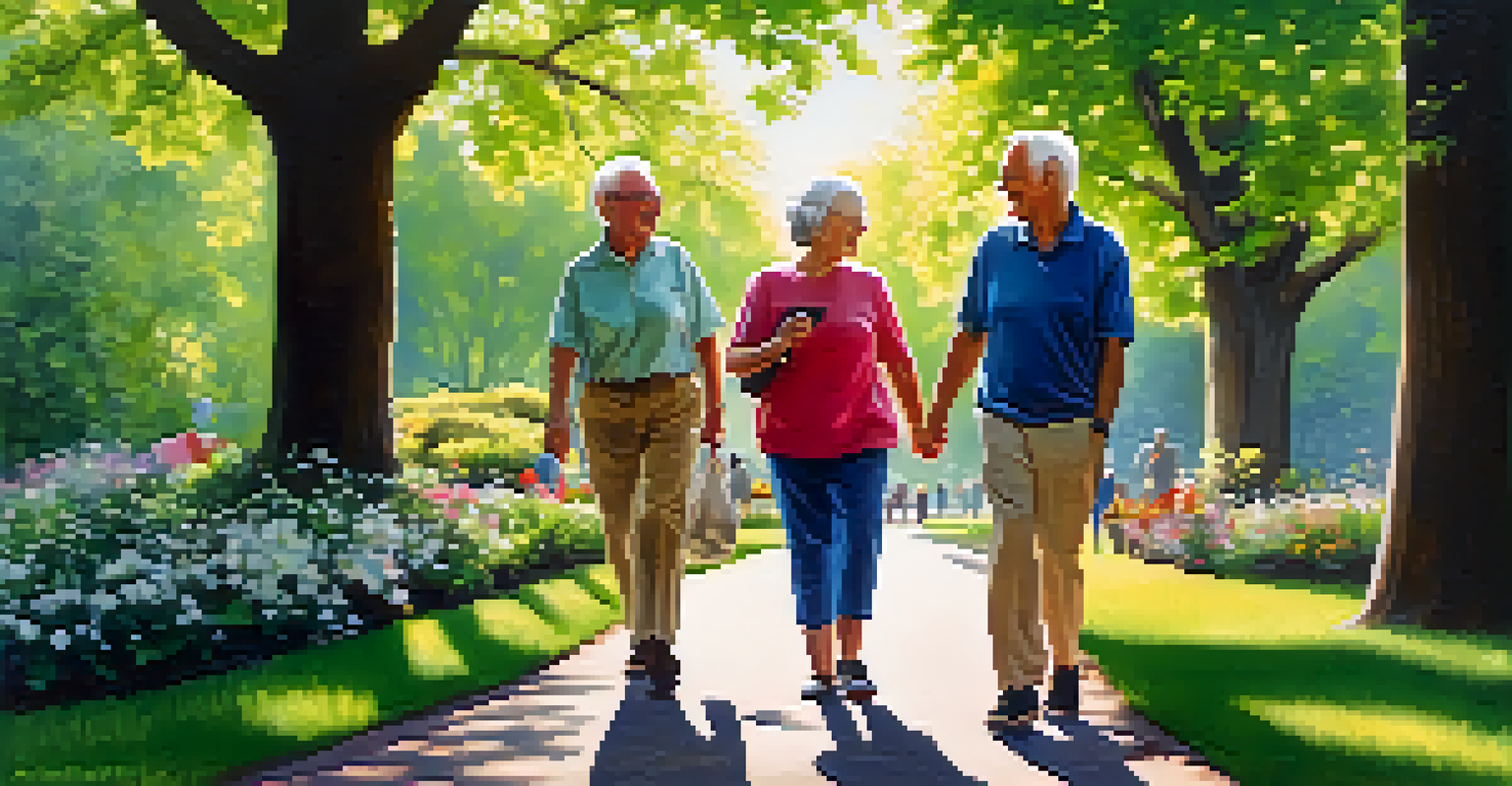 Seniors enjoying a walk in a beautiful park, listening to music with headphones, surrounded by greenery and flowers.