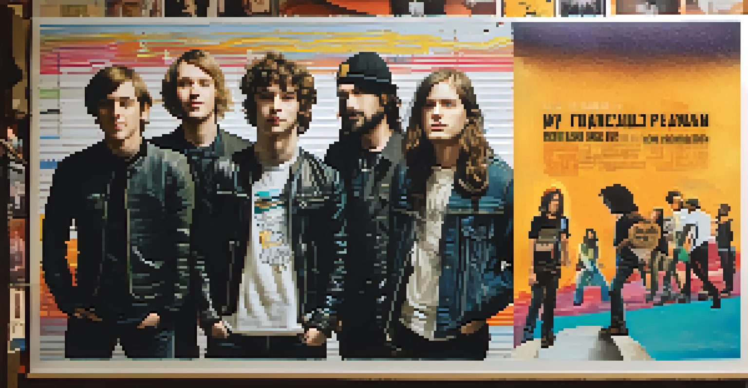 A close-up of a crowdfunding campaign poster for an indie band, featuring vibrant graphics and text, pinned on a bulletin board with photographs of fans around it.