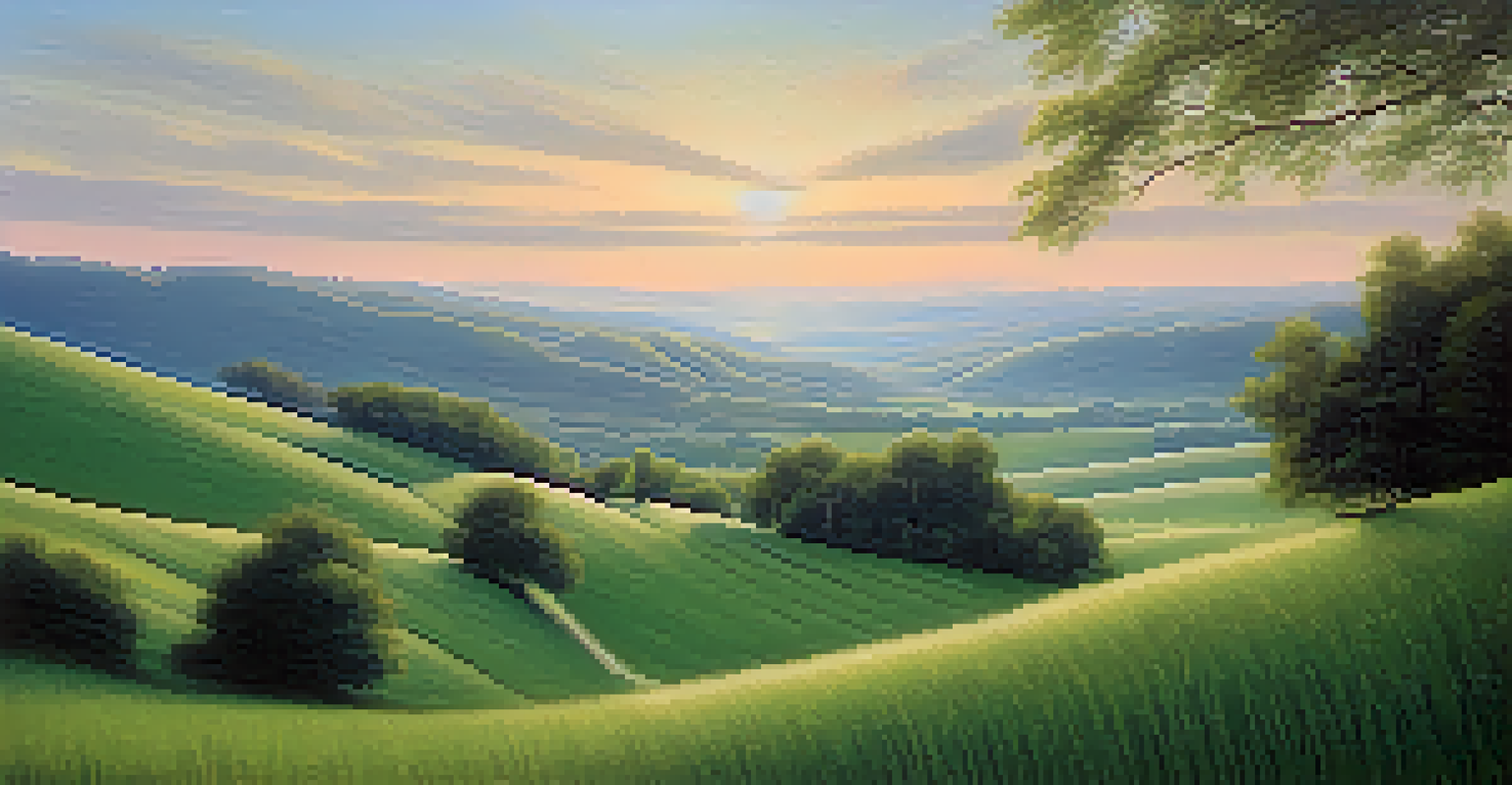 A serene landscape painting with soft hills and a pastel sky, inspired by classical music, conveying tranquility.