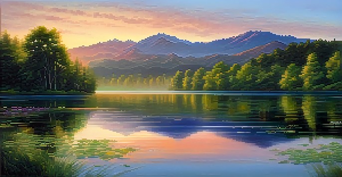A peaceful lake at sunrise, with colorful reflections and lush greenery surrounding it.