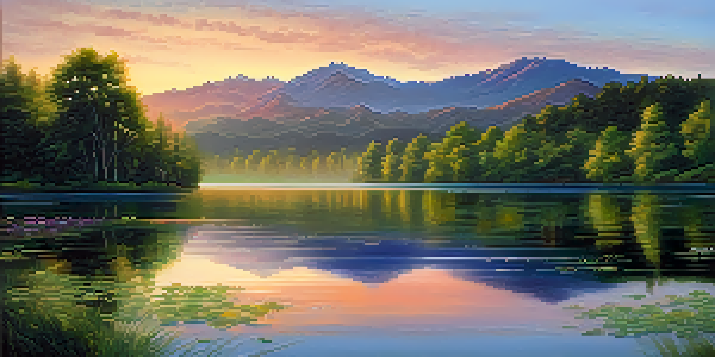 A peaceful lake at sunrise, with colorful reflections and lush greenery surrounding it.