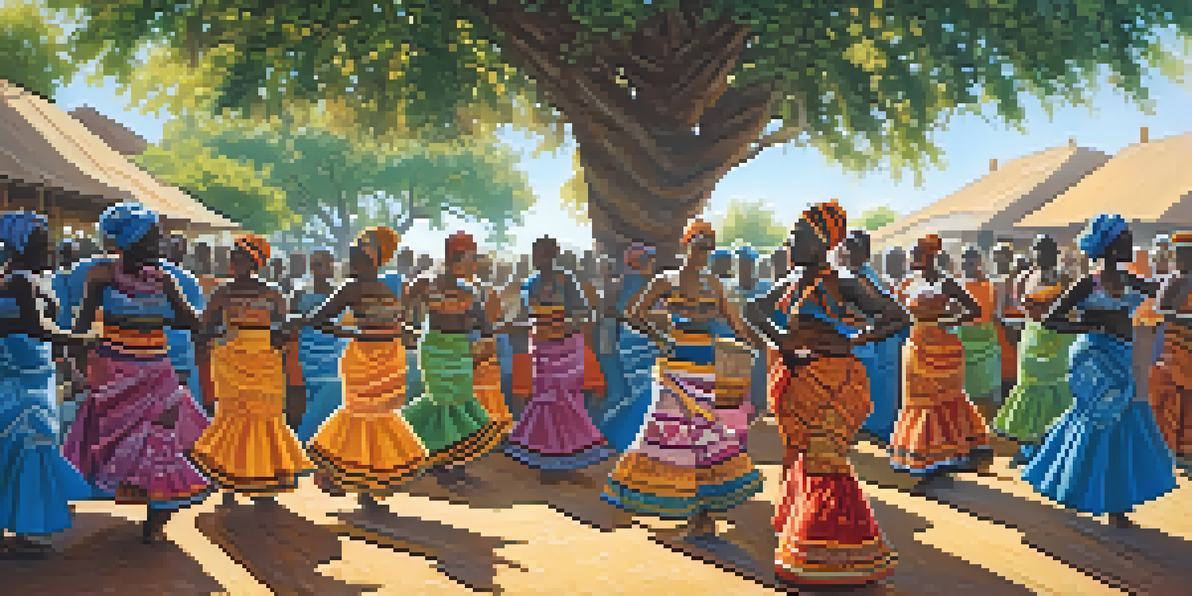 A lively African dance performance with dancers in colorful outfits and a community gathering under a tree, illuminated by sunlight.