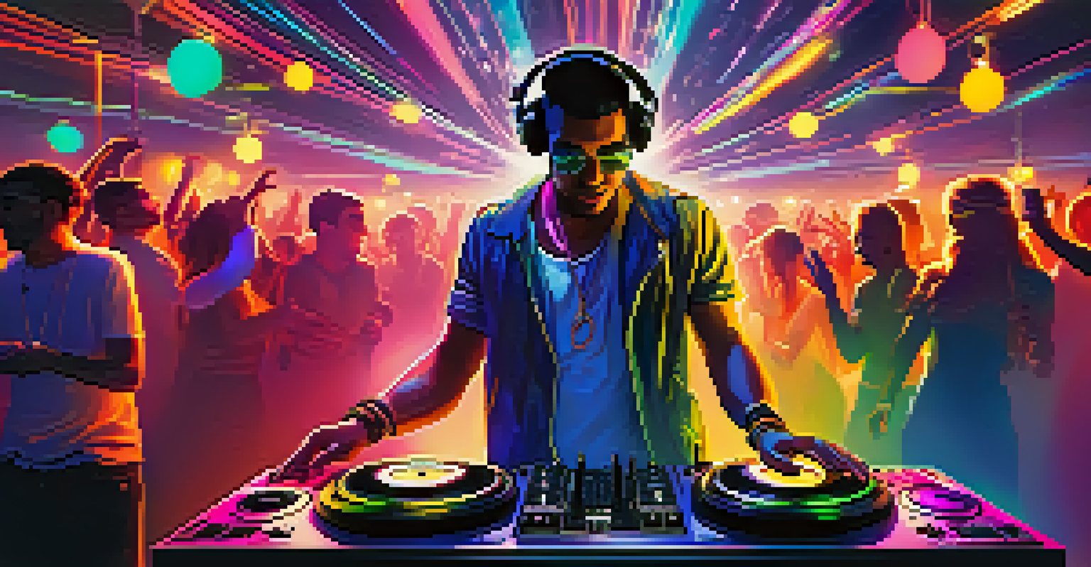 DJ performing at a party with colorful lights and an energetic crowd.