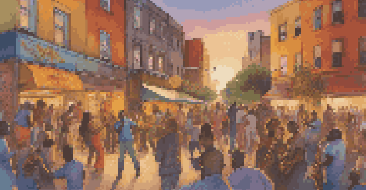 A lively street scene with a band playing music, colorful graffiti, and an audience dancing.