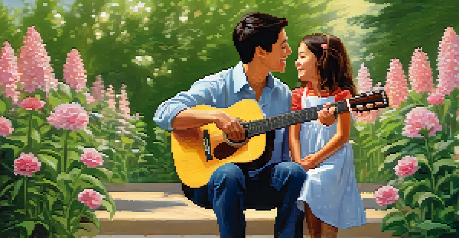 A parent and child singing together in a sunny garden, surrounded by vibrant flowers.