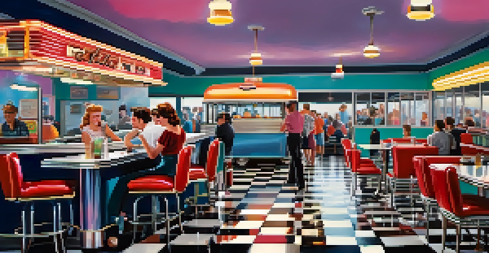 A lively 1950s diner scene with young people enjoying rock music, colorful neon lights, and a live band performing.