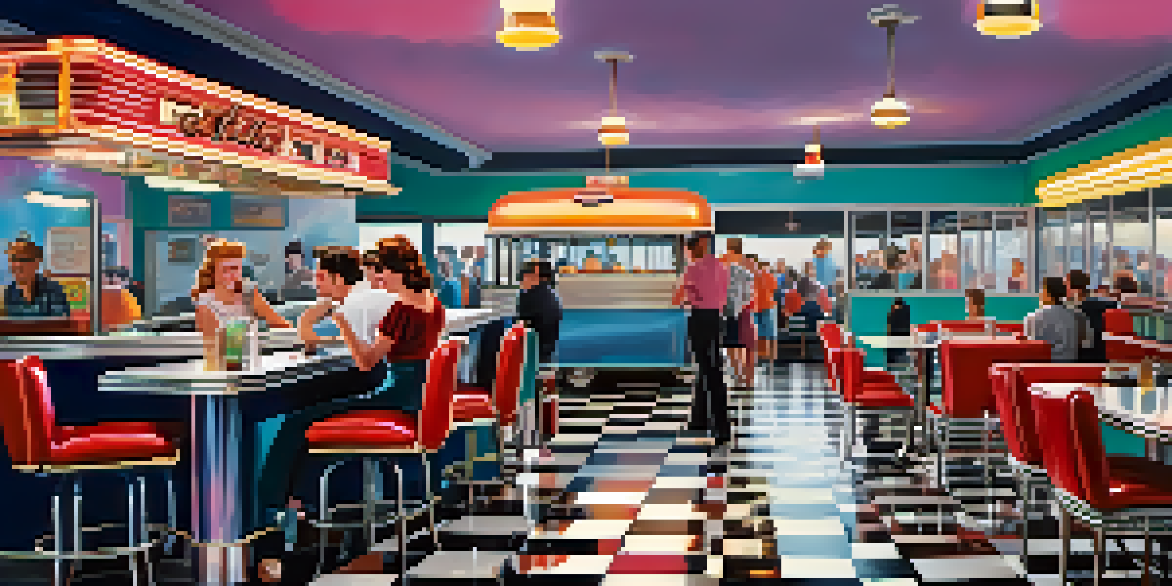 A lively 1950s diner scene with young people enjoying rock music, colorful neon lights, and a live band performing.
