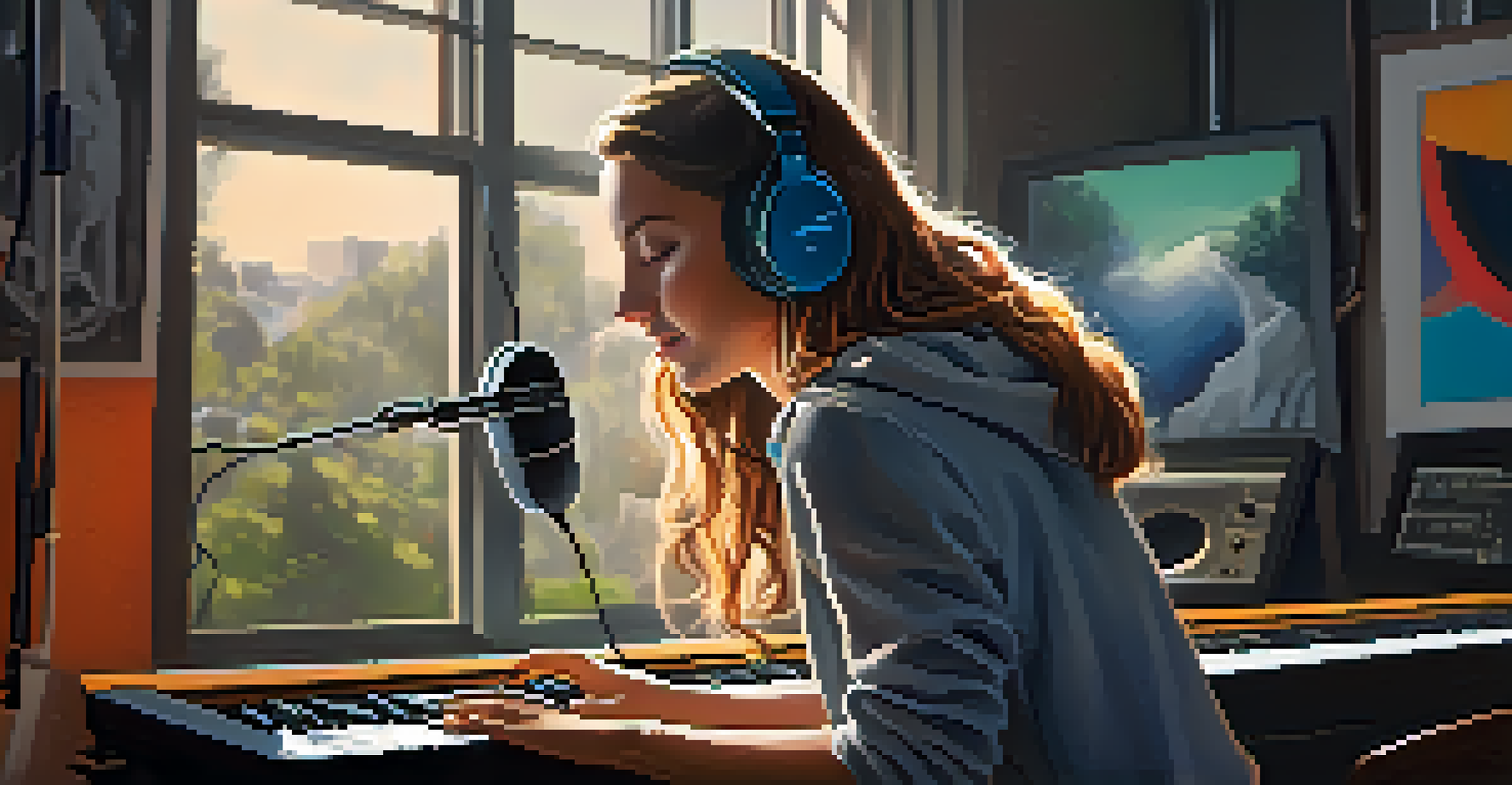 A contemporary female artist in a modern recording studio, working on a song with headphones on, surrounded by high-tech equipment and vibrant artwork with sunlight streaming through the window.