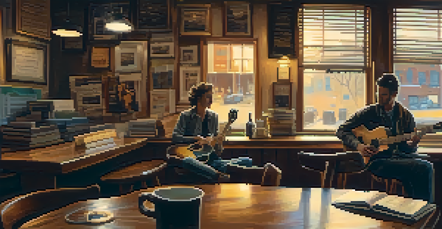 Two musicians collaborating in a cozy coffee shop with acoustic guitars and sheet music on the table.