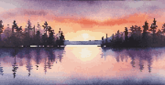 A sunset over a calm lake with silhouettes of pine trees, showcasing vibrant colors in the sky.