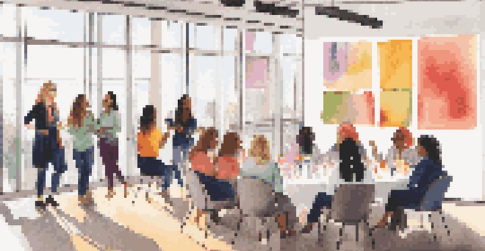 A lively networking event with diverse women engaged in discussions about music licensing, surrounded by colorful banners and natural light.