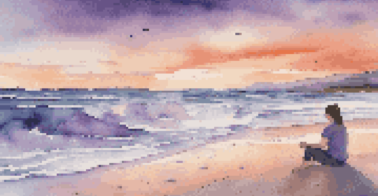 A person standing on a beach at sunset, surrounded by calming waves and a colorful sky, immersed in the sounds of nature.