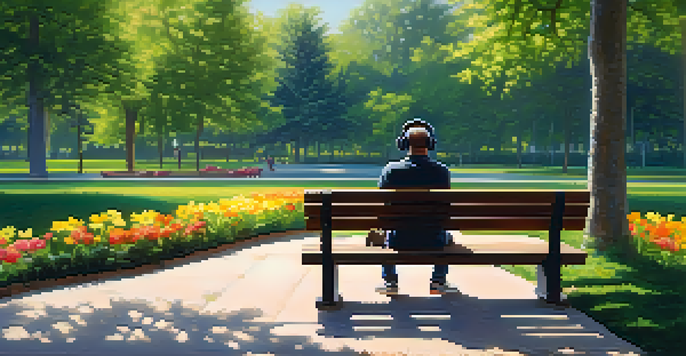 A person on a bench in a park, wearing headphones and listening to music amidst green trees and flowers.