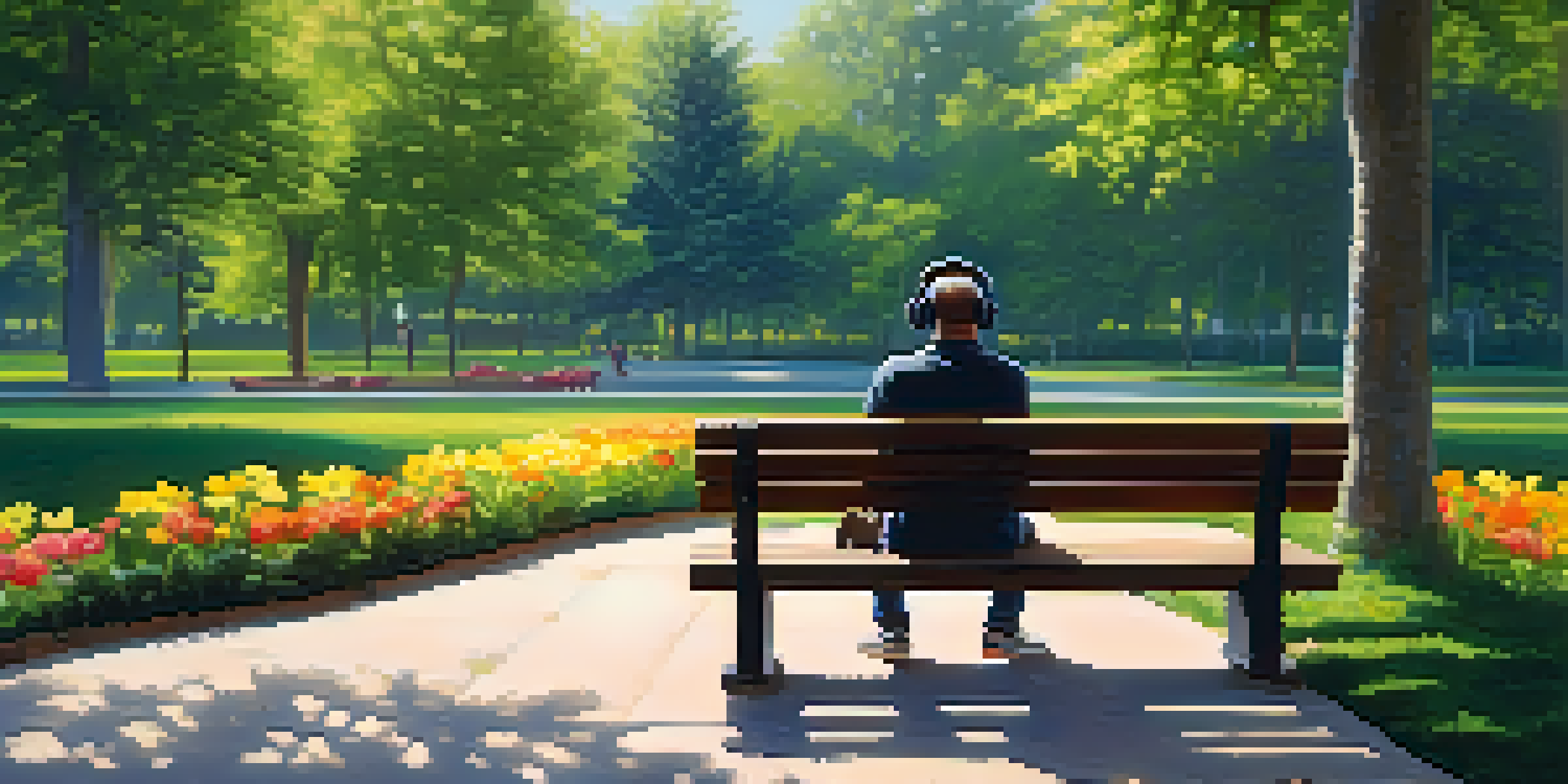 A person on a bench in a park, wearing headphones and listening to music amidst green trees and flowers.