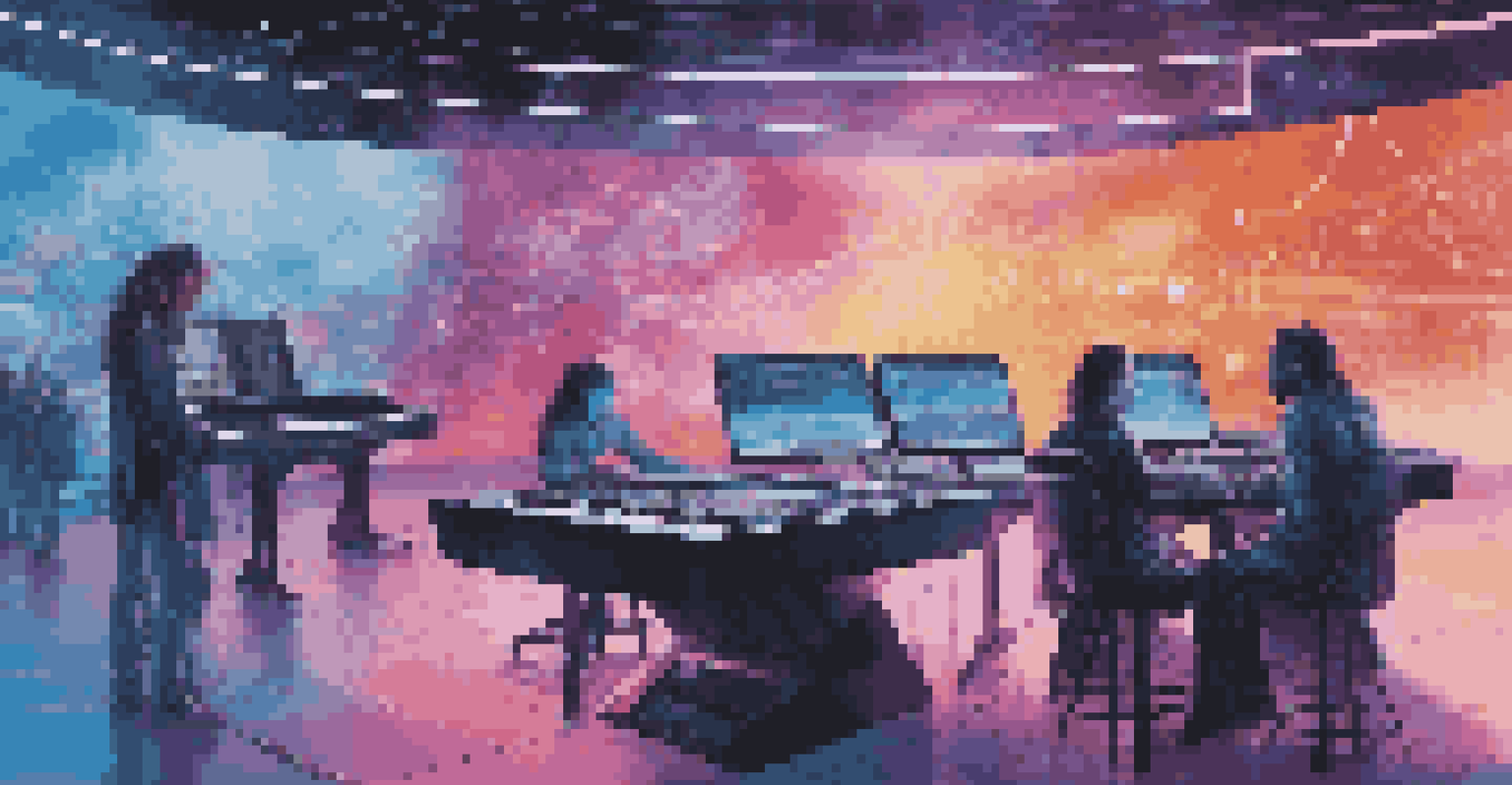 Artists collaborating with artificial intelligence in a modern music production environment, featuring digital screens and holographic elements.