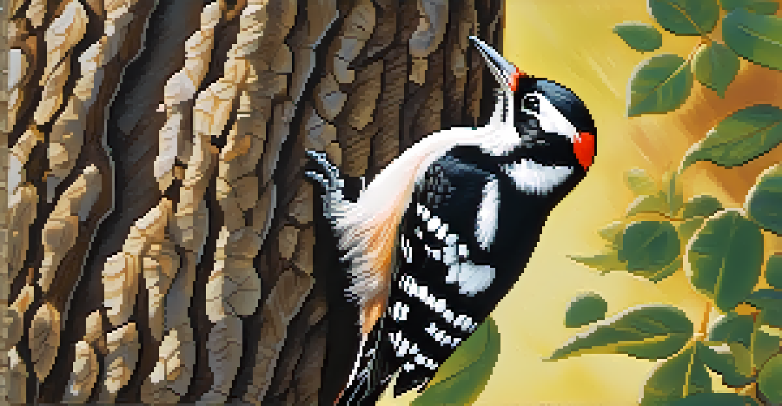 Close-up of a woodpecker tapping on a tree trunk with detailed feathers and textured bark, illuminated by dappled sunlight.