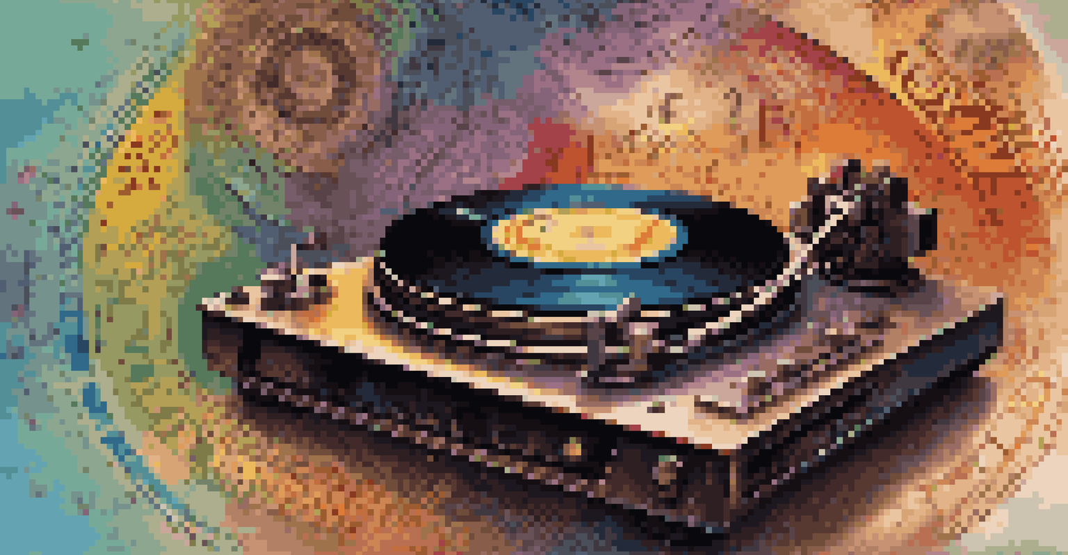 A close-up of a spinning vinyl record on a turntable surrounded by various cultural symbols representing musical genres.