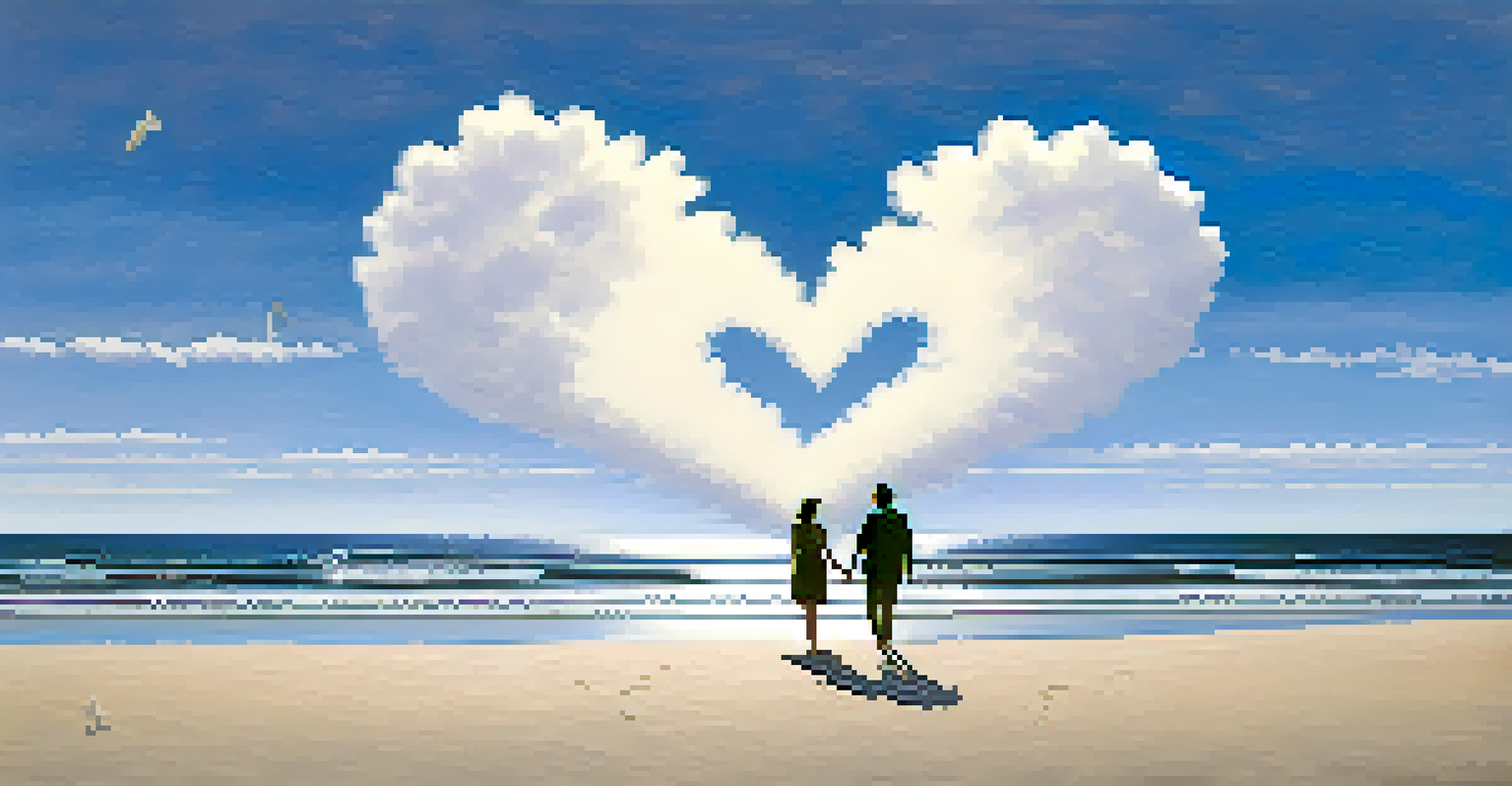A heart-shaped cloud with musical notes above a couple walking on a beach, illustrating the bond between love and music.