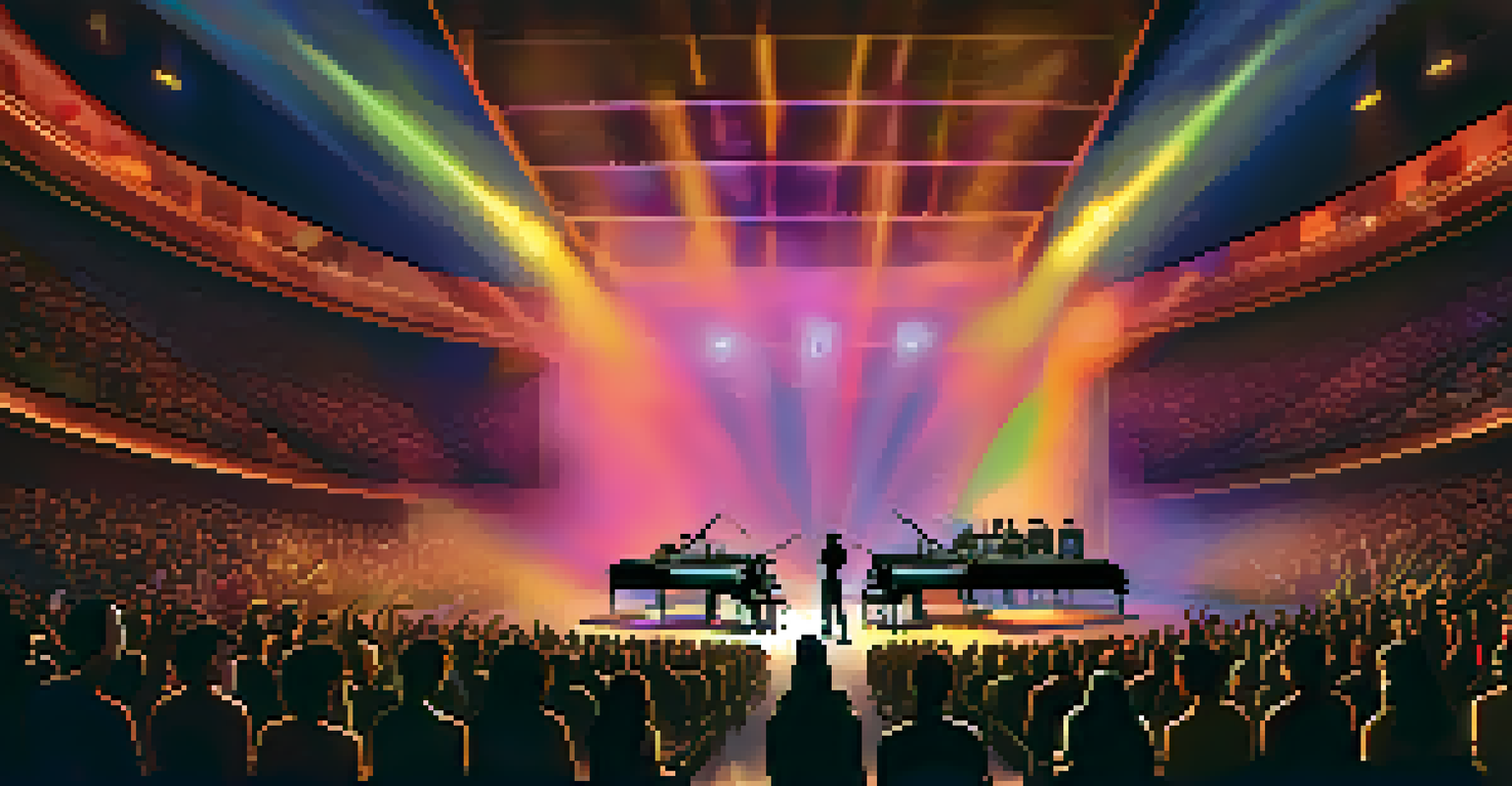 A virtual concert hall with musicians performing on stage and an audience in silhouette, highlighted by vibrant lighting effects and sound wave patterns.