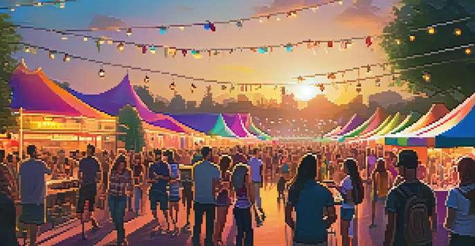 A lively outdoor music festival during sunset with colorful stage lights and diverse crowds using smartphones for mobile payments.