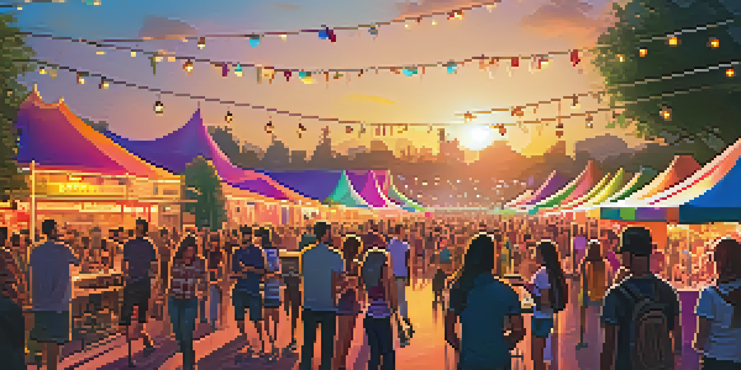 A lively outdoor music festival during sunset with colorful stage lights and diverse crowds using smartphones for mobile payments.