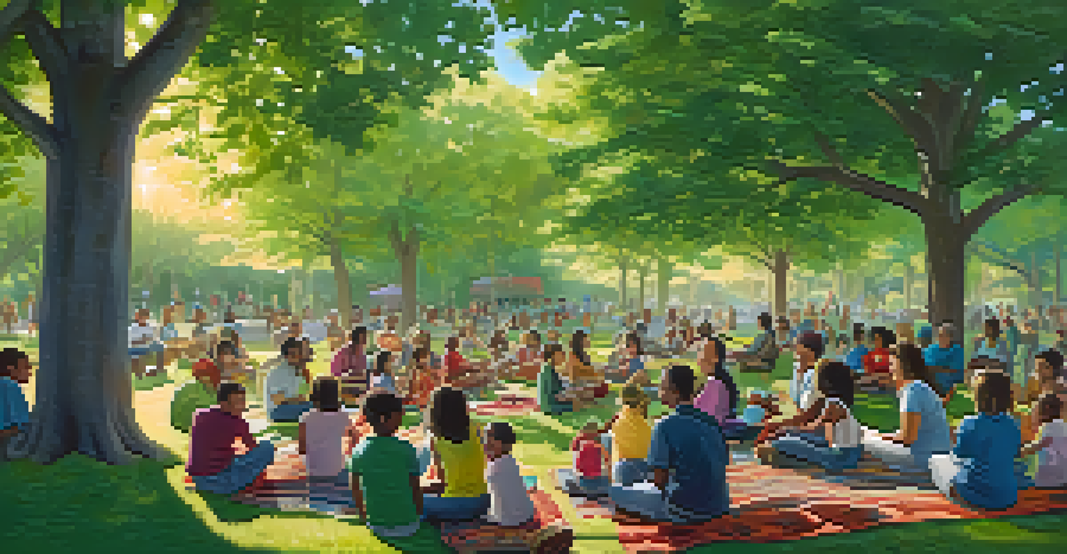 A community music workshop in a park with children and adults learning and sharing experiences, surrounded by nature.