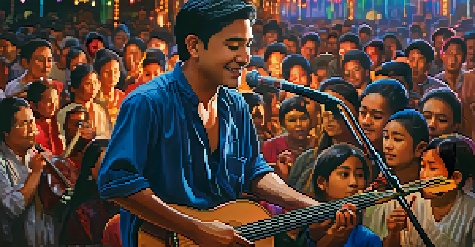 A local artist performing on stage with a traditional instrument, illuminated by colorful lights, surrounded by an engaged audience.