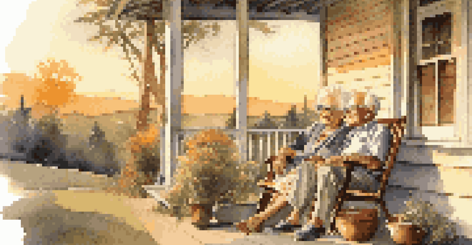 An elderly couple enjoying music from a vintage record player on a porch at sunset, looking relaxed and happy.