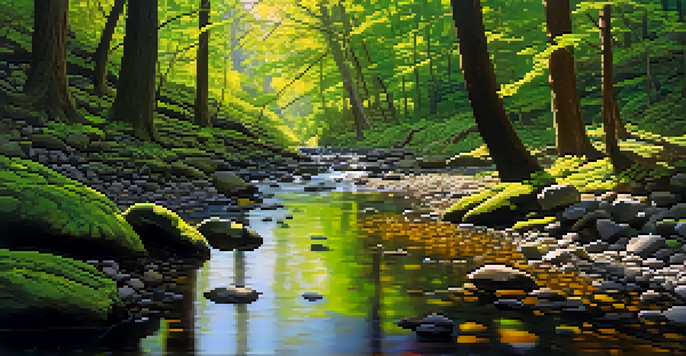 A peaceful forest scene with sunlight filtering through the trees and a stream flowing over pebbles.