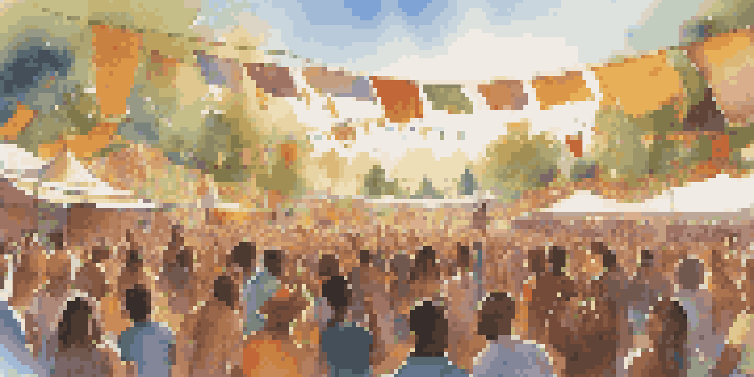 A lively outdoor music festival with diverse musicians on stage and an enthusiastic crowd, all surrounded by colorful banners and warm sunlight.