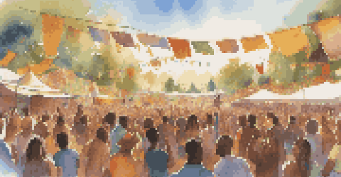 A lively outdoor music festival with diverse musicians on stage and an enthusiastic crowd, all surrounded by colorful banners and warm sunlight.