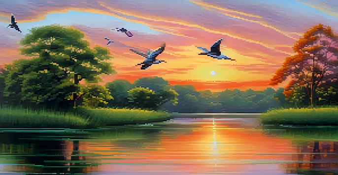 A tranquil river at sunset with vibrant orange and pink reflections, surrounded by lush green trees and birds flying in the sky.