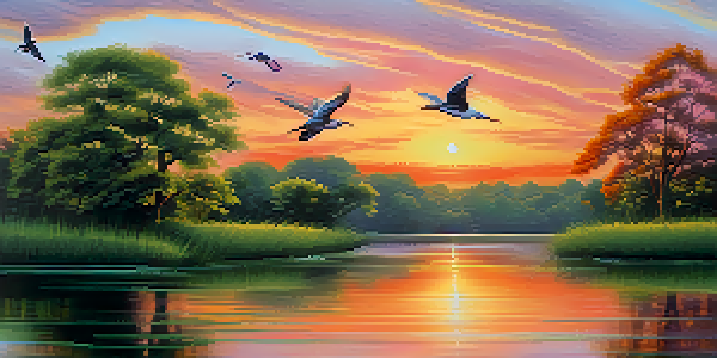A tranquil river at sunset with vibrant orange and pink reflections, surrounded by lush green trees and birds flying in the sky.