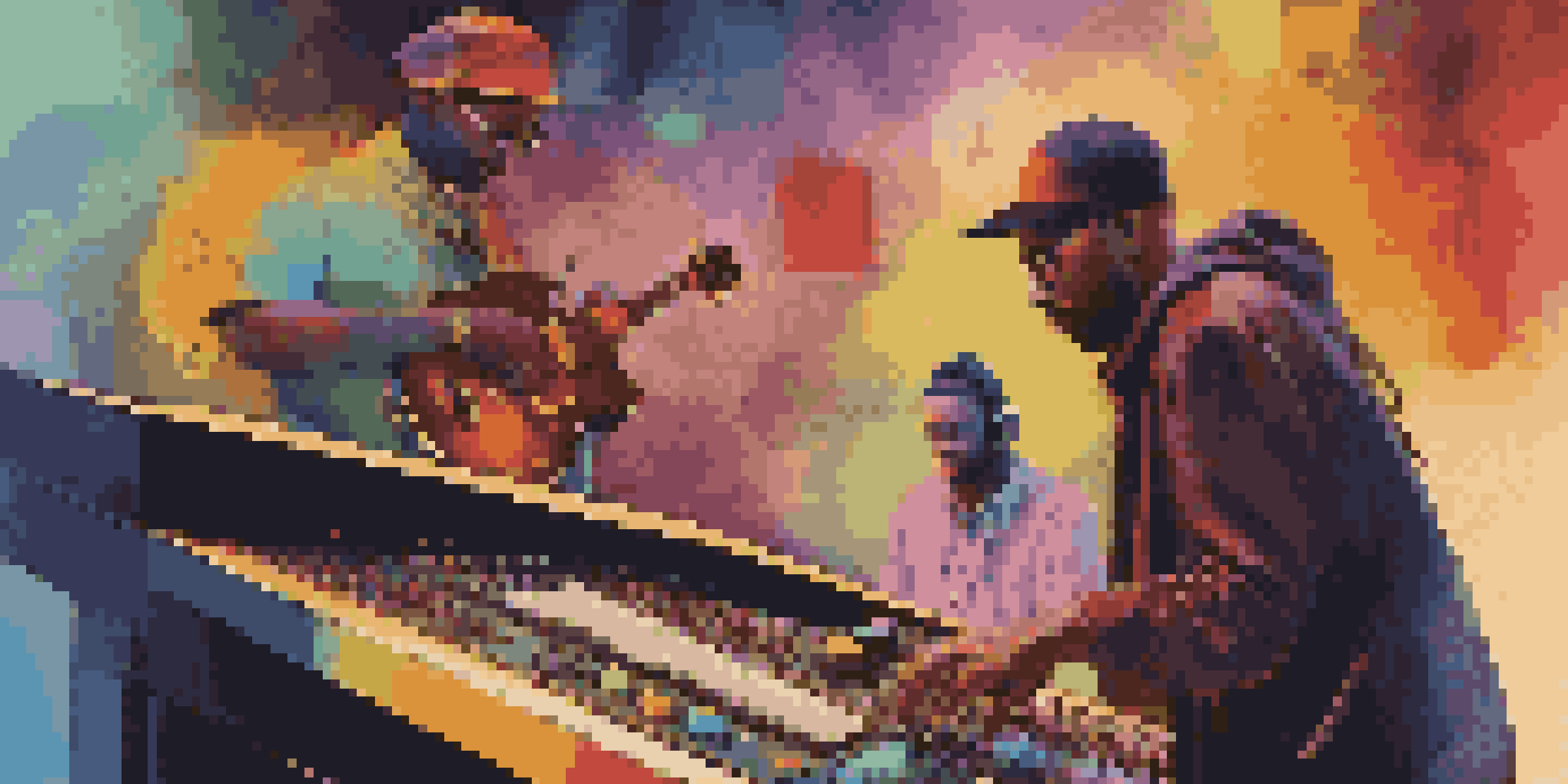 A jazz guitarist and a hip-hop producer collaborating in a digital space, surrounded by musical notes and abstract designs.