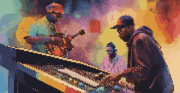 A jazz guitarist and a hip-hop producer collaborating in a digital space, surrounded by musical notes and abstract designs.