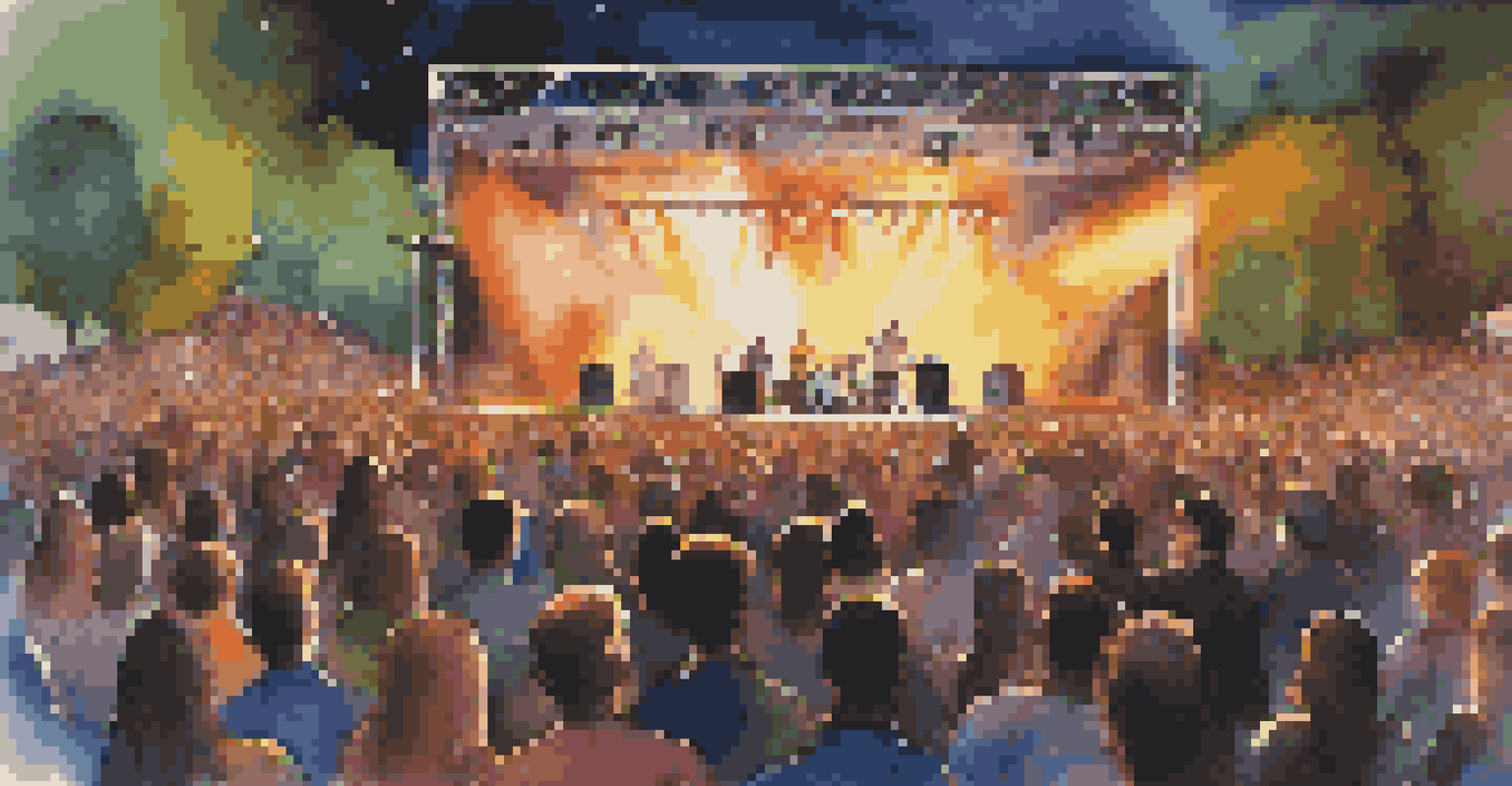 Outdoor concert with multiple subwoofers around the stage and a lively crowd enjoying the performance.