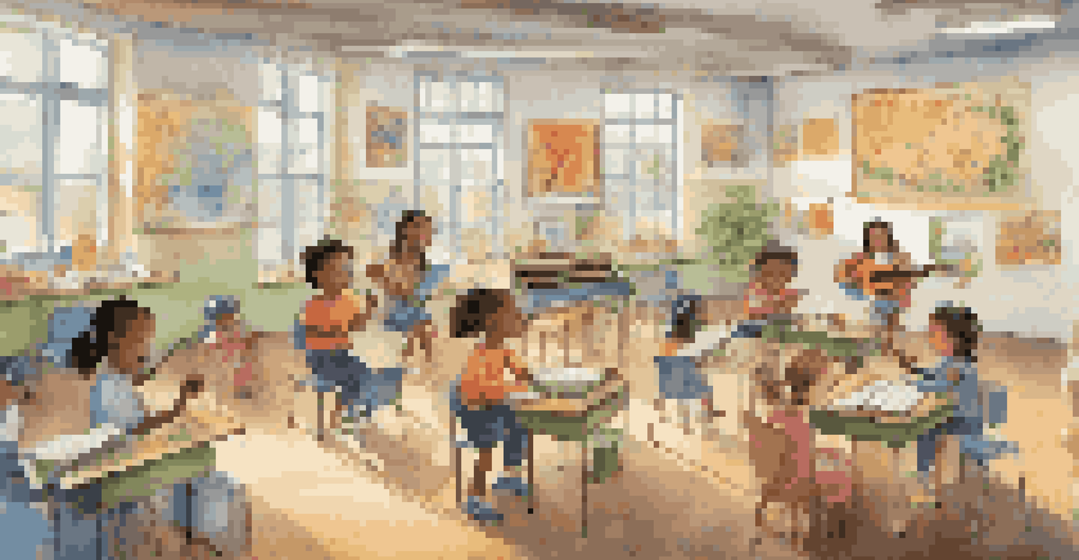 Children in a classroom singing about recycling, with educational posters and musical instruments around, creating a lively learning atmosphere.