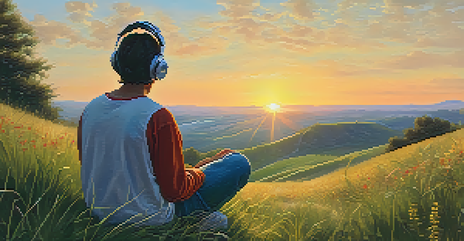 A person meditating on a grassy hill with headphones, surrounded by wildflowers and a sunset sky.