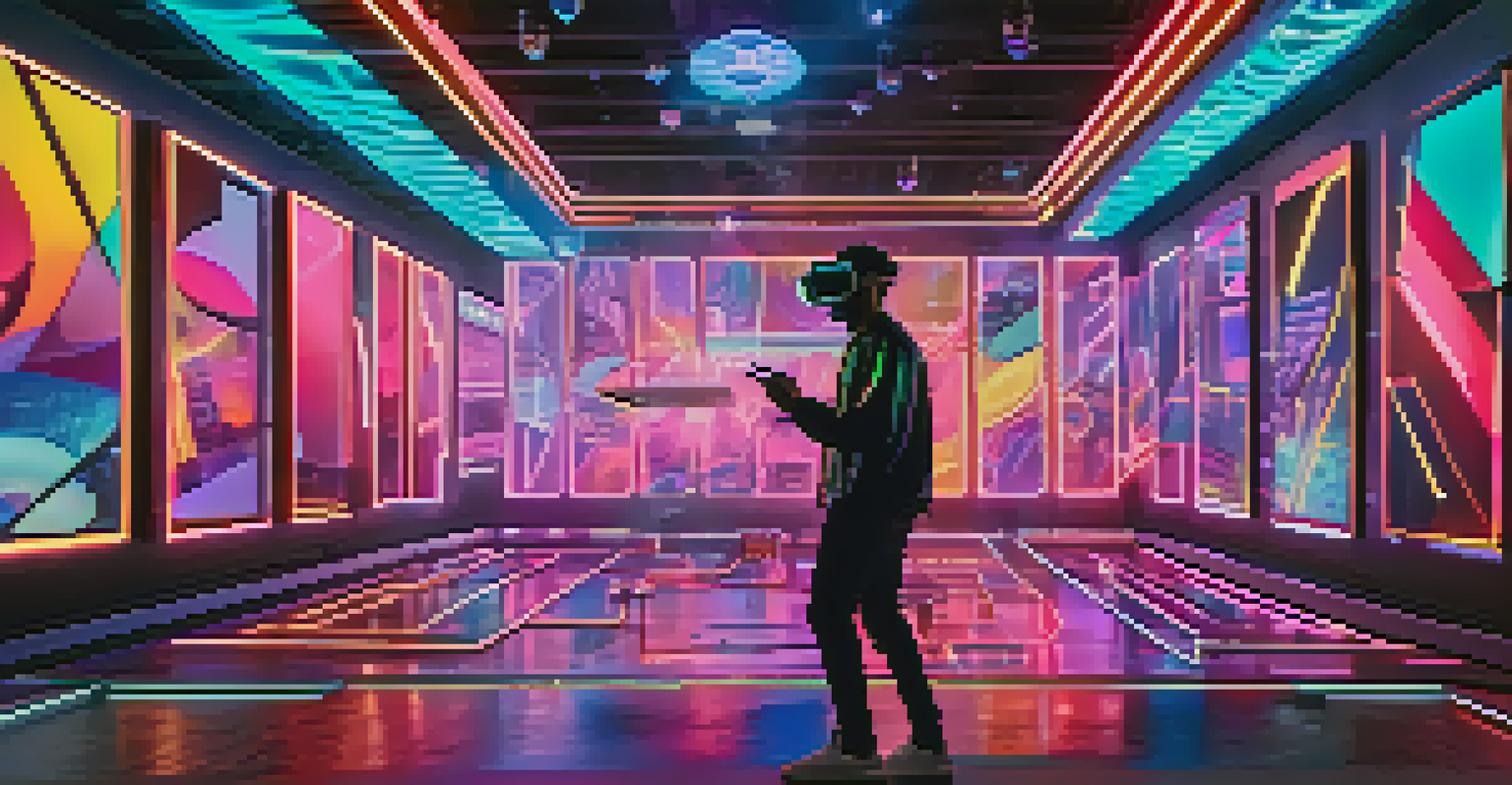 A performer in a virtual reality setting with colorful holograms and neon lights.